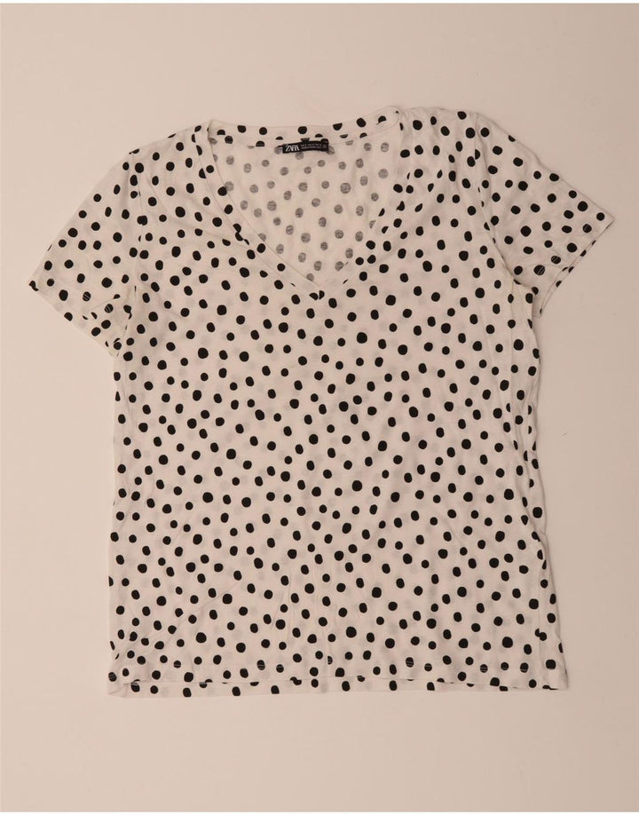 ZARA Womens T-Shirt Top UK 14 Medium White Polka Dot Cotton