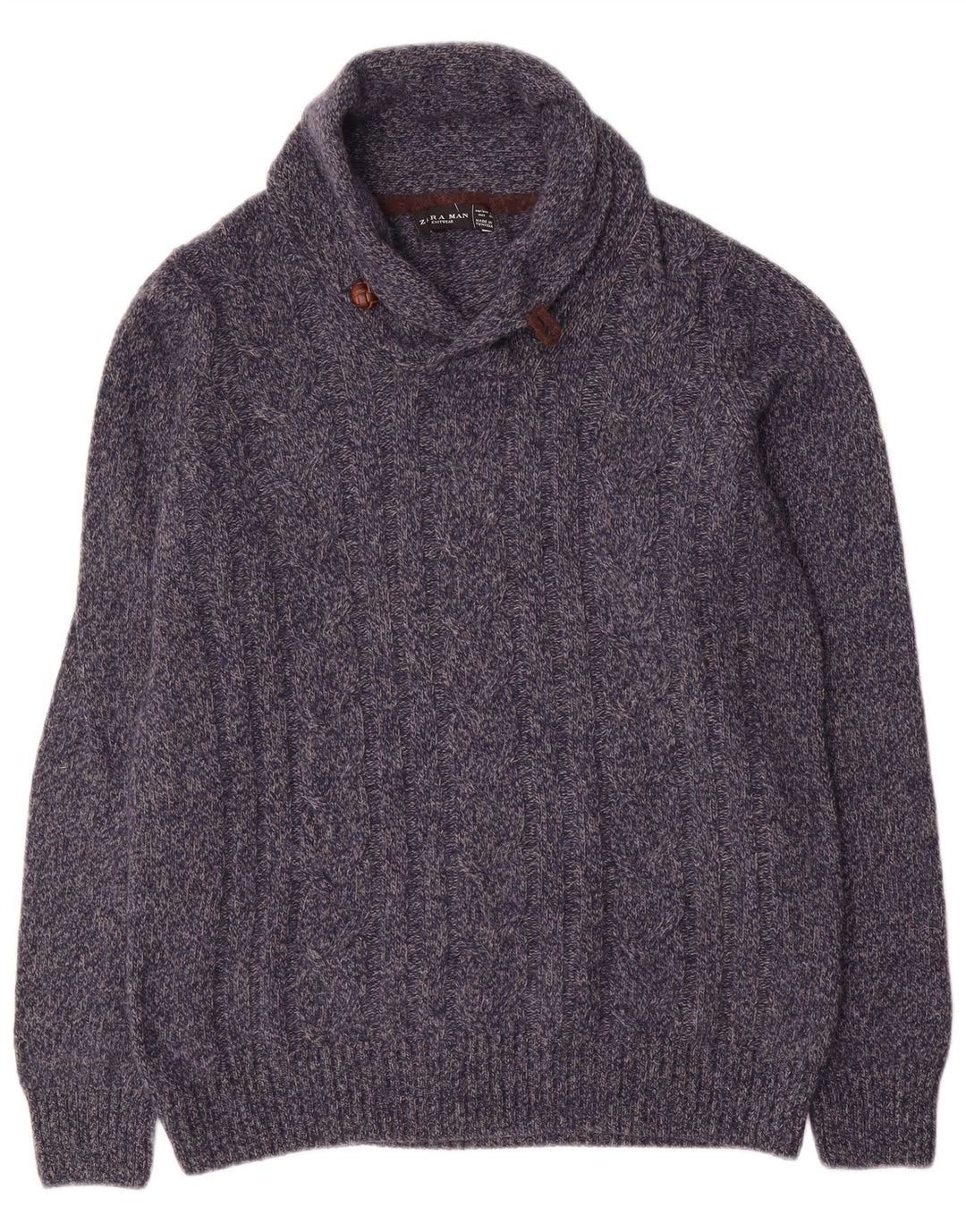Zara Herre Shawl Neck Jumper Sweater Large Navy Blue Flecked Wool