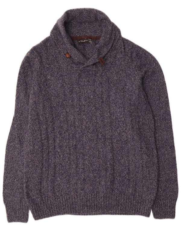 Zara Mens Shawl Neck Jumper Sweater Large Navy Blue Flecked Wool