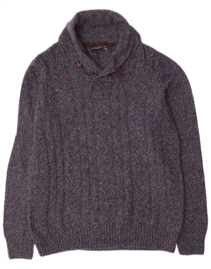 Zara Herre Shawl Neck Jumper Sweater Large Navy Blue Flecked Wool