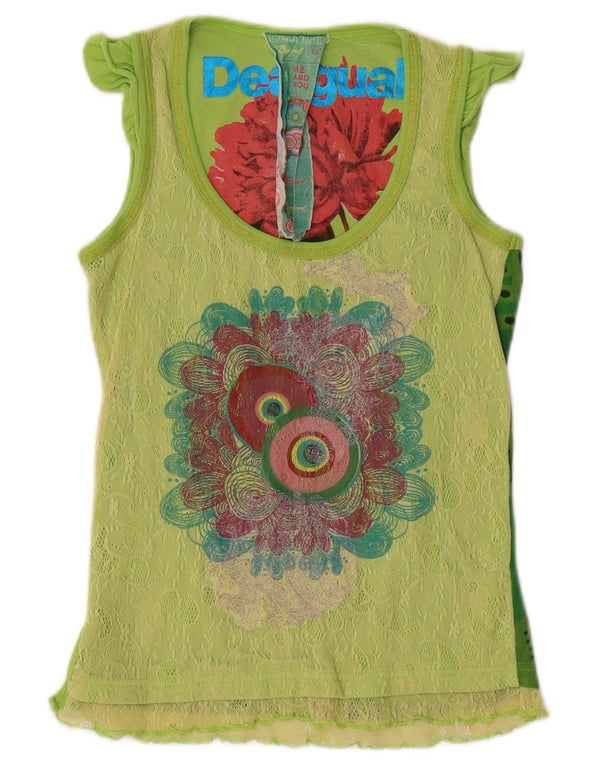 Desigual Kvinders Grafisk Vest Top UK 12 Medium Grøn Geometrisk Bomuld