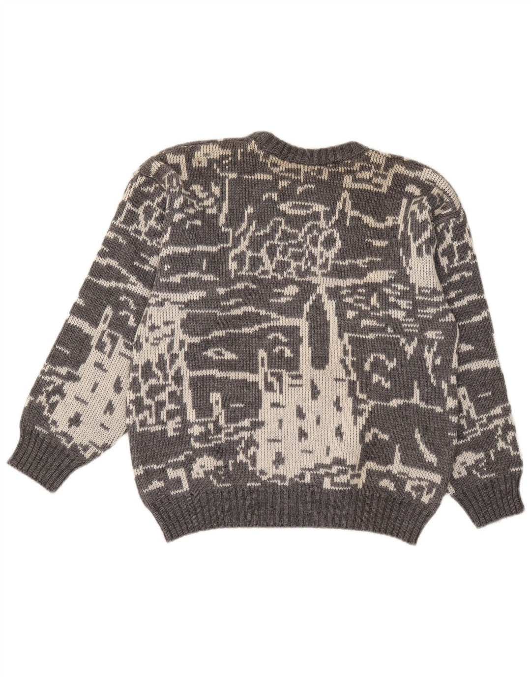 Vintage herre abstrakt mønster rund hals sweater lille grå