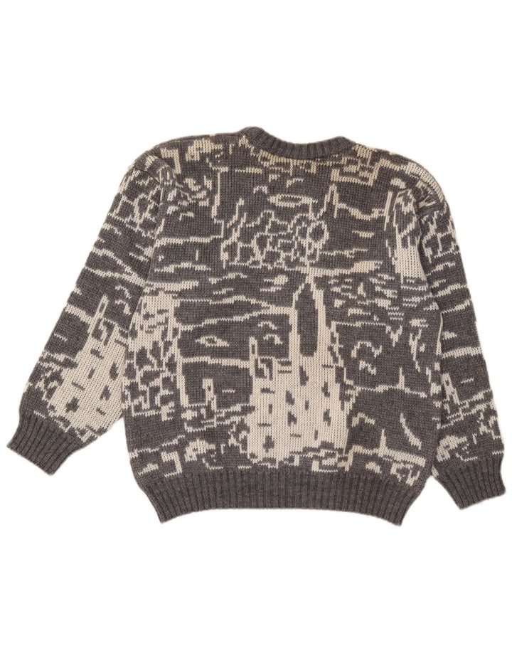 Vintage herre abstrakt mønster rund hals sweater lille grå