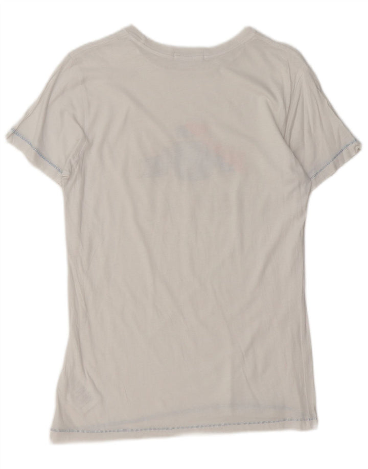 REPLAY Dame Grafisk T-Shirt Top UK 12 Medium White Bomuld