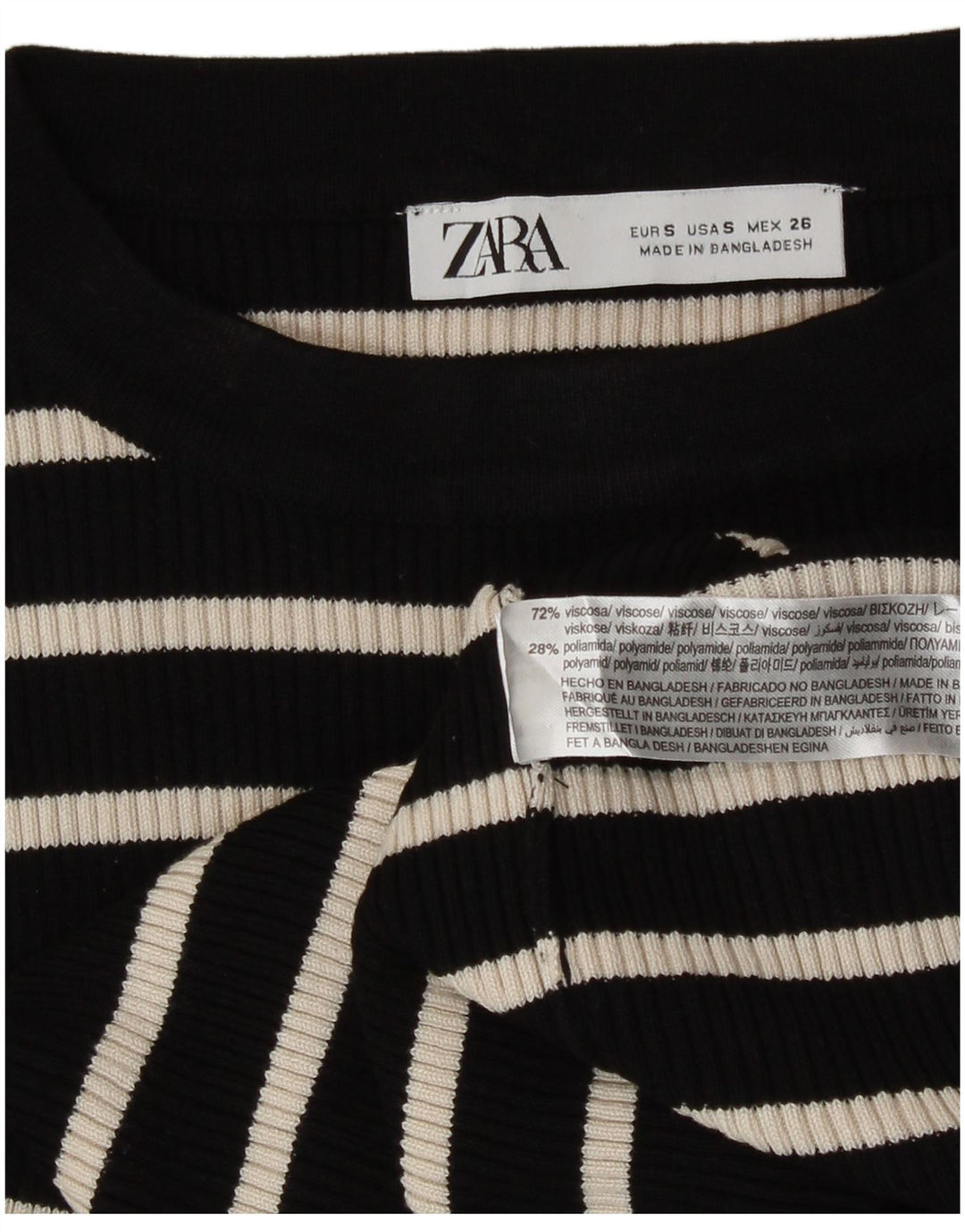 Zara Dame Top Langærmet UK 10 Lille Sort Stribet Viscose