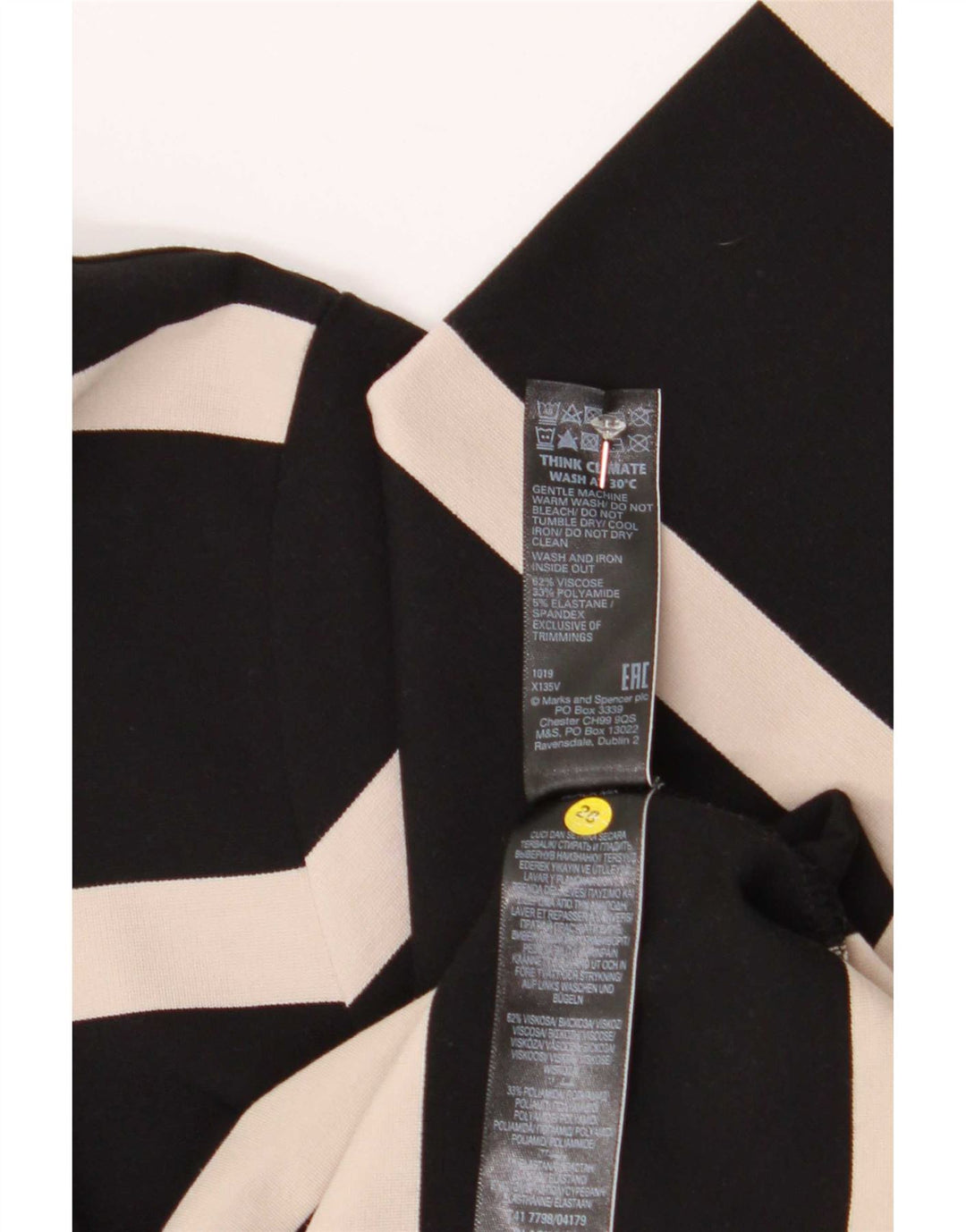 Marks & Spencer dametop 3/4 ærmer UK 12 medium sort stribet viskose
