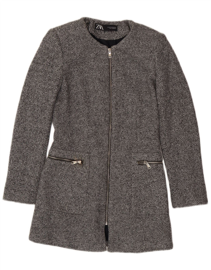 Zara Dame Longline Blazerjakke med fuld lynlås UK 6 XS Grå sildebensbomuld