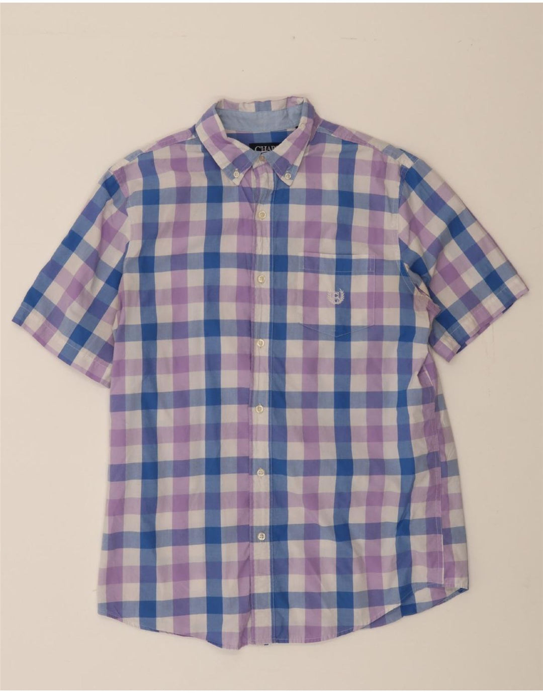 CHAPS Mens Short Sleeve Shirt Medium Purple Check Cotton Vintage Chaps and Second-Hand Chaps from Messina Hembry 