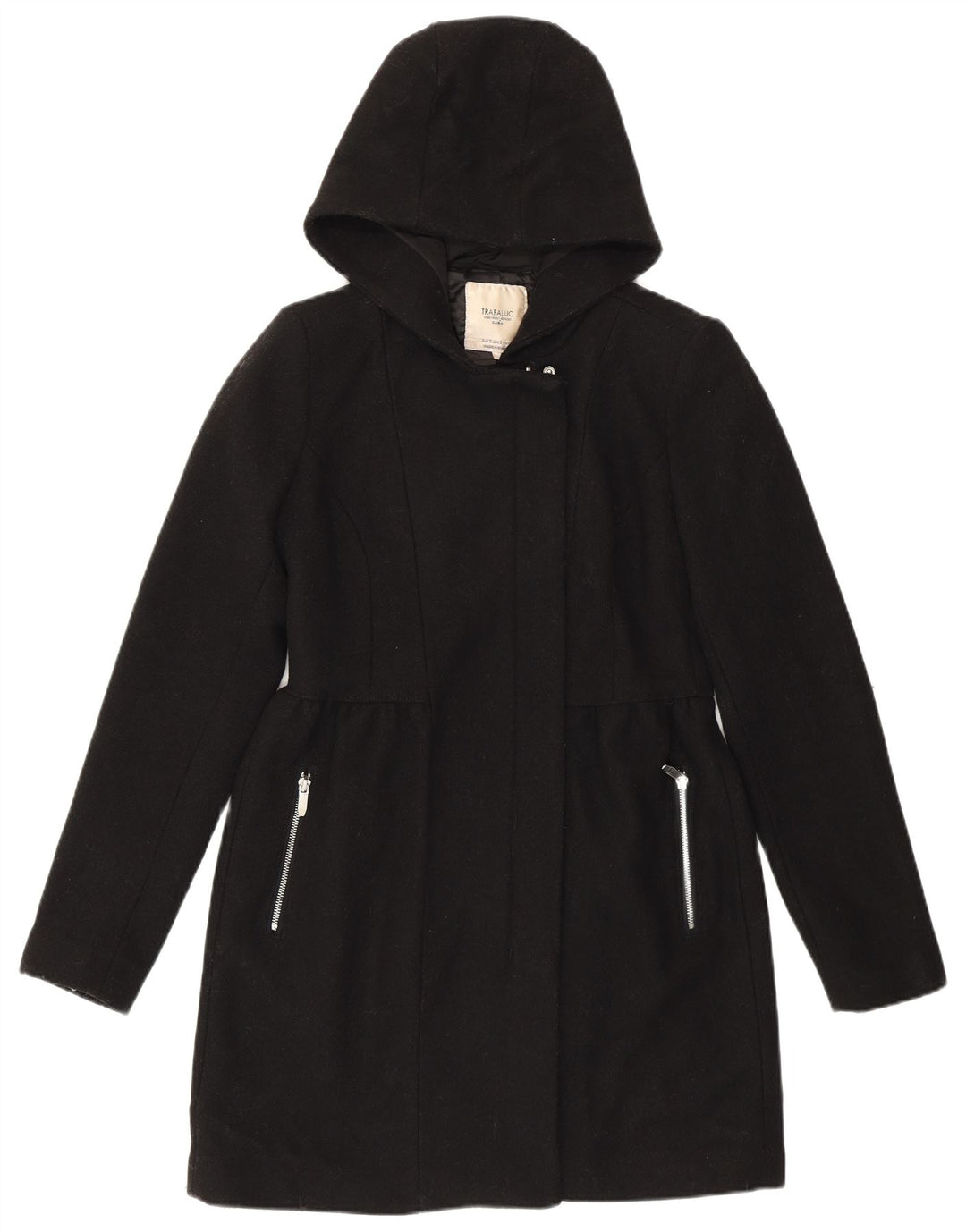 ZARA Womens Trafaluc Hooded Overcoat UK 10 Small Black Wool