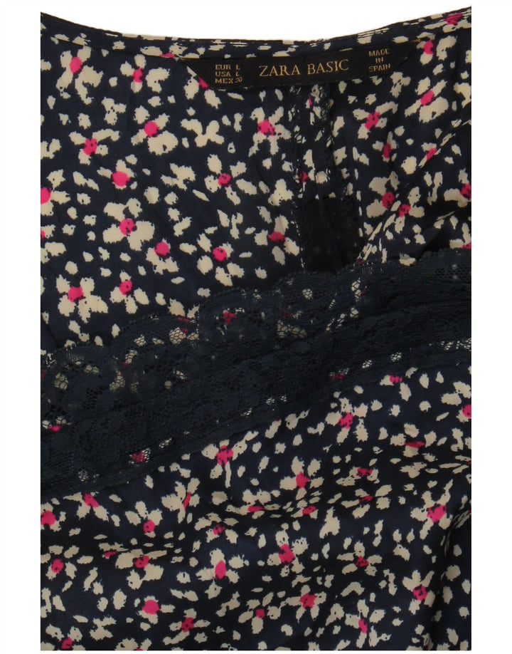 ZARA Dame Bluse Top UK 16 Large Navy Blue Floral