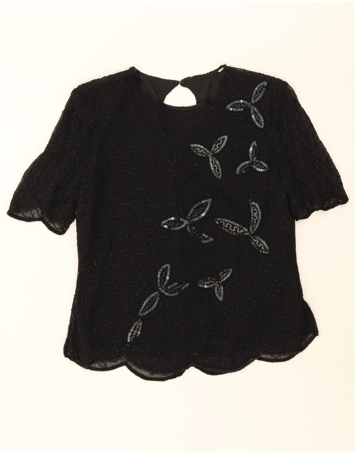 VINTAGE Womens Short Sleeve Blouse Top UK 12 Medium Black Viscose Vintage Vintage and Second-Hand Vintage from Messina Hembry 