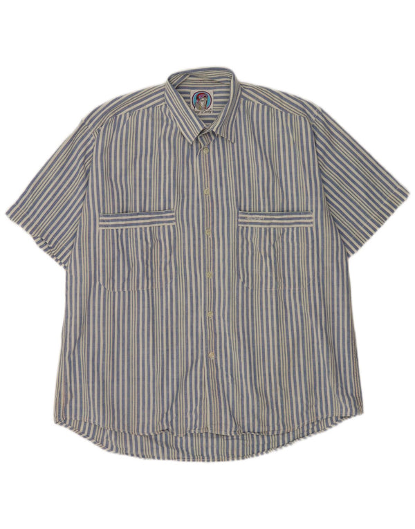 Vintage kortærmet herreskjorte mellemblå stribet bomuld