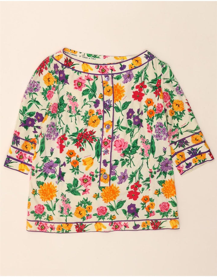 VINTAGE Womens Crop Top 3/4 Sleeve UK 10 Small Multicoloured Floral Vintage Vintage and Second-Hand Vintage from Messina Hembry 