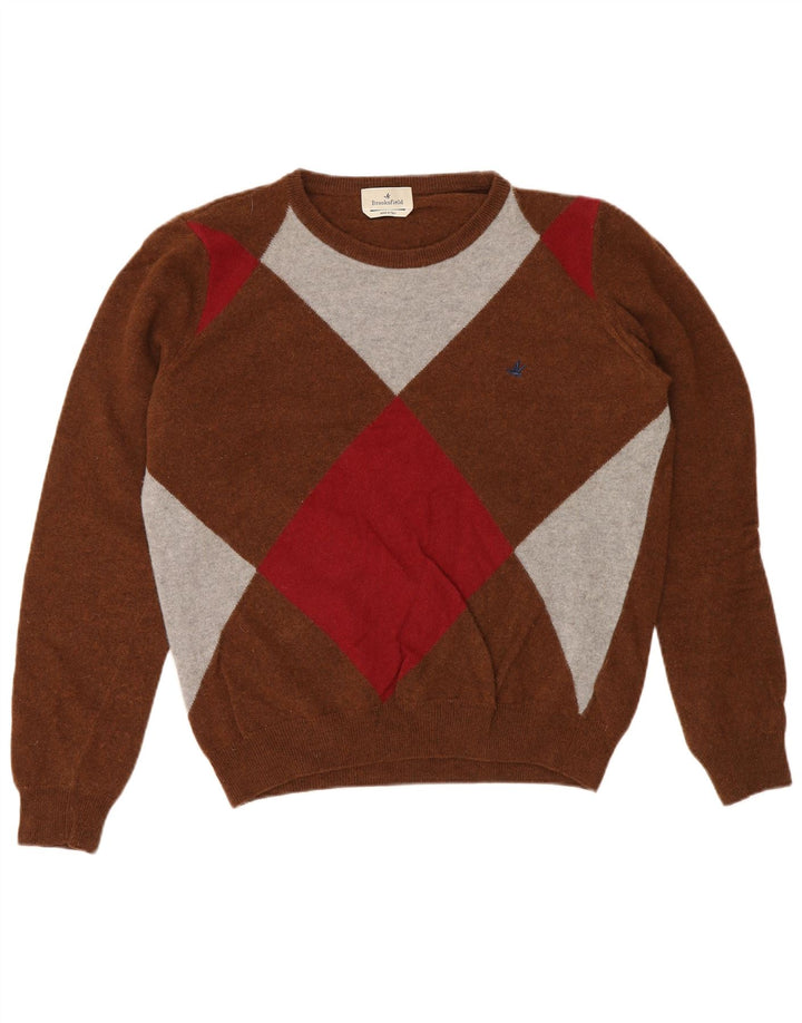 Brooksfield Herre Crew Neck Jumper Sweater IT 50 Medium Brown Argyle/Diamond