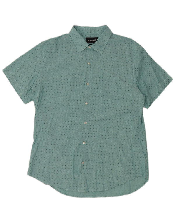 BONOBOS Herre kortærmet Slim Fit skjorte Stor blå polkaprikket bomuld