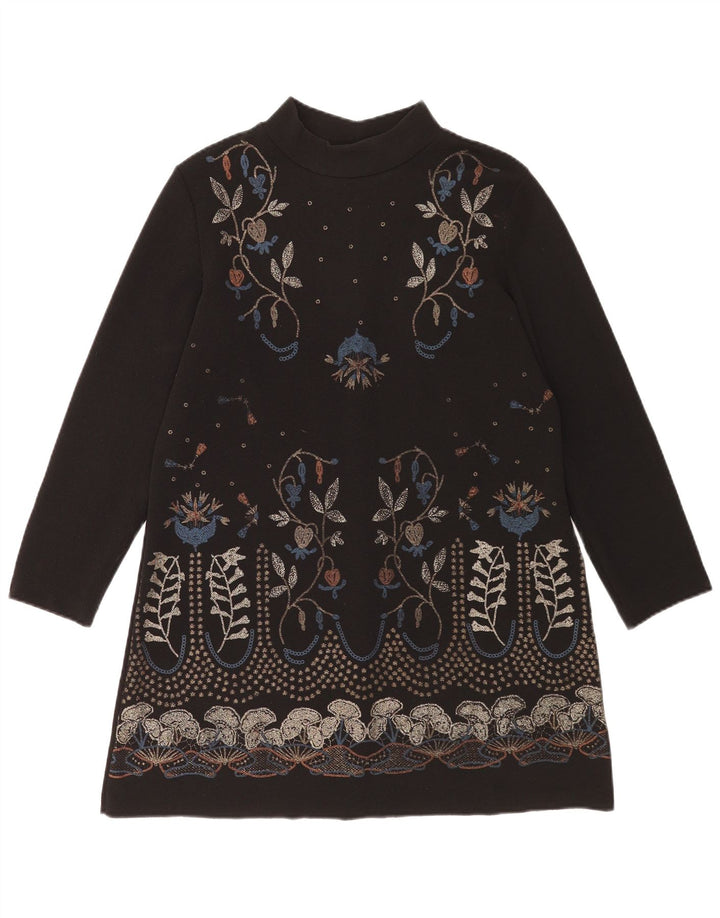 Zara Dame Langærmet Shift Dress UK 14 Medium Black Floral Polyester