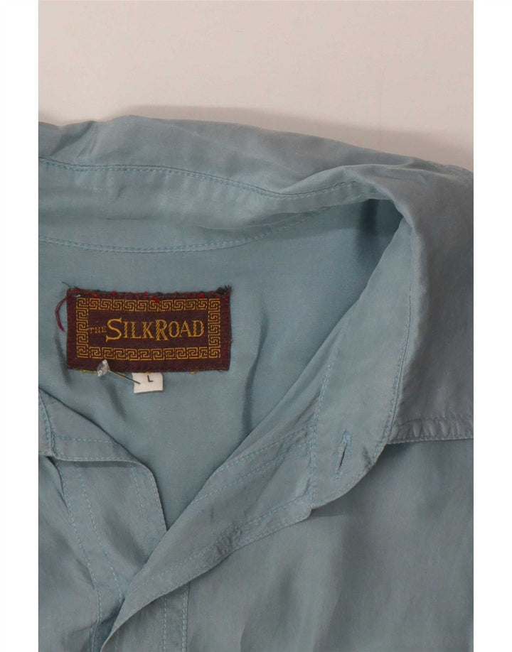 Vintage kortærmet herreskjorte stor blå silke