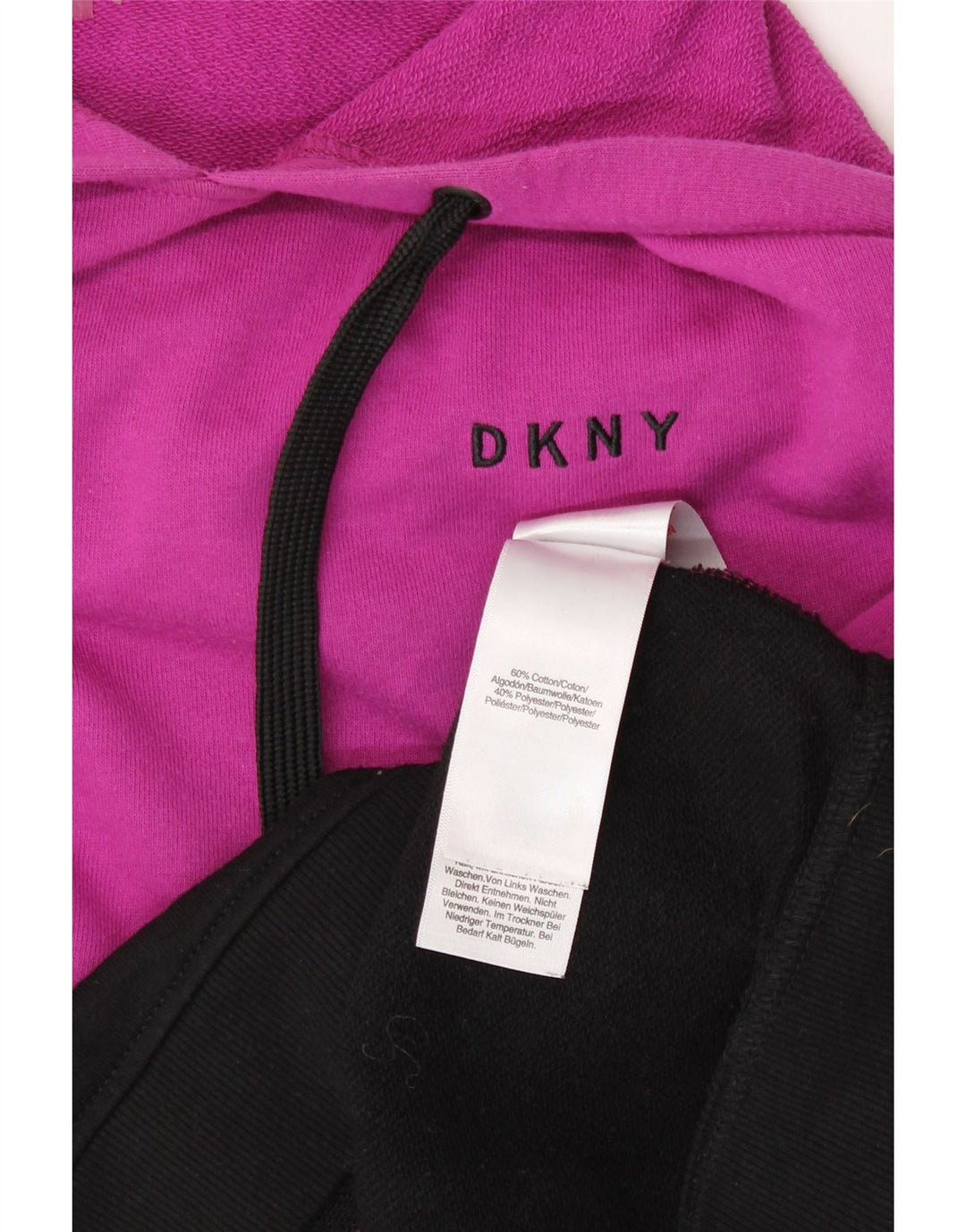 DKNY Womens Graphic Crop Hoodie Jumper UK 14 Medium Pink Colourblock Vintage Dkny and Second-Hand Dkny from Messina Hembry 