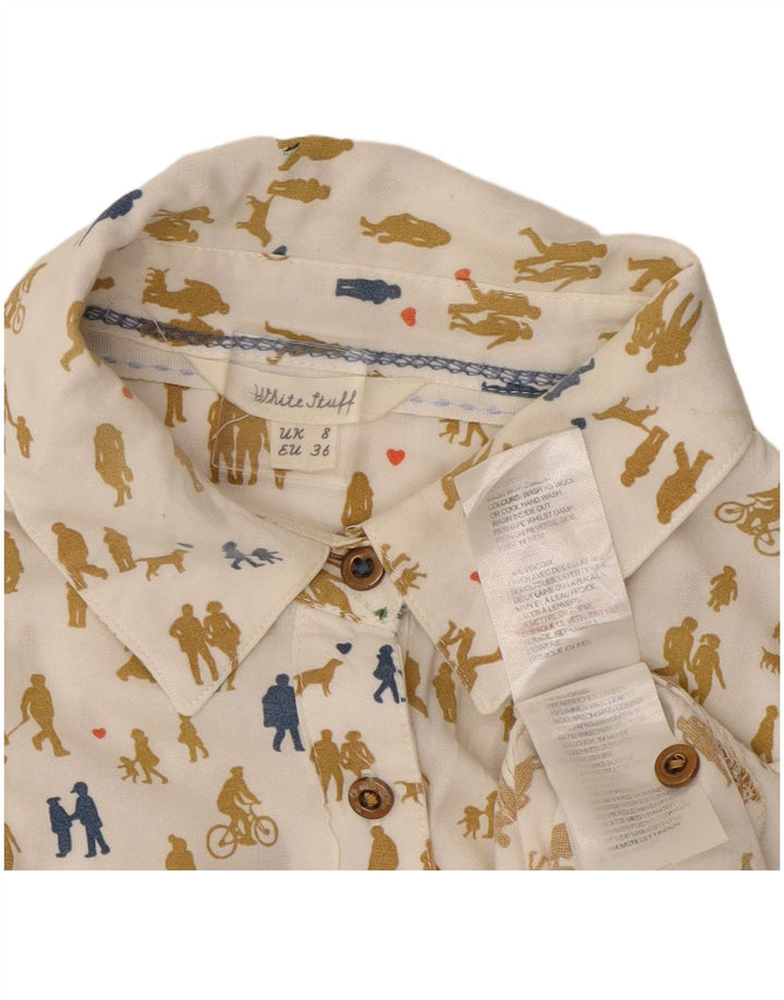 White Stuff Dame abstrakt mønster skjorte bluse UK 8 Small Off White
