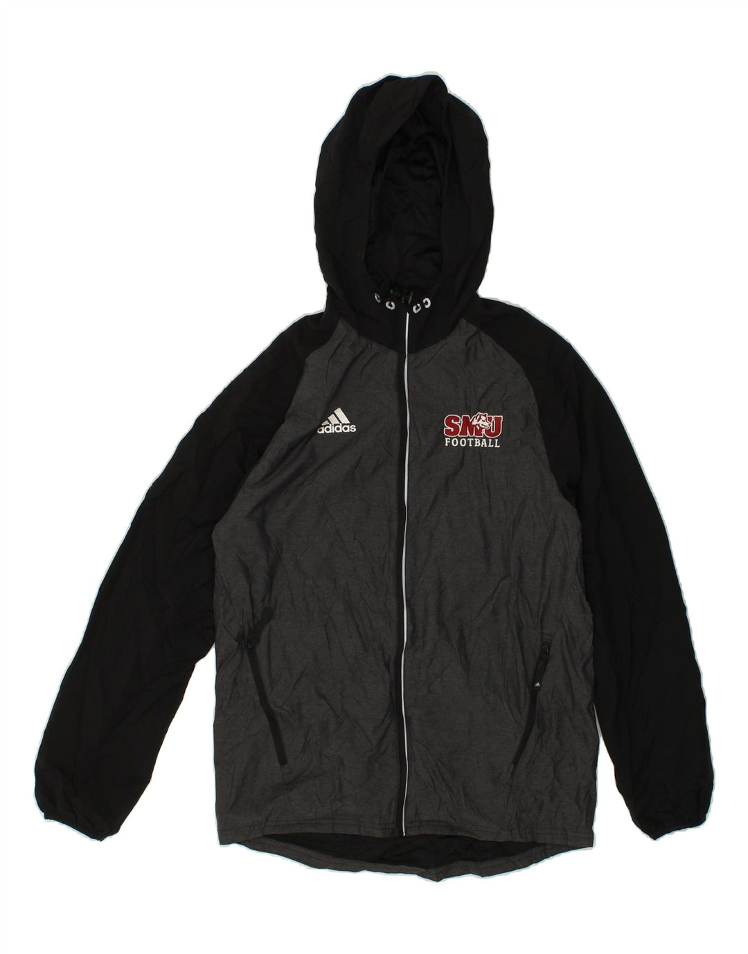 ADIDAS Mens Hooded Rain Jacket UK 36 Small Grey Colourblock Nylon Vintage Adidas and Second-Hand Adidas from Messina Hembry 