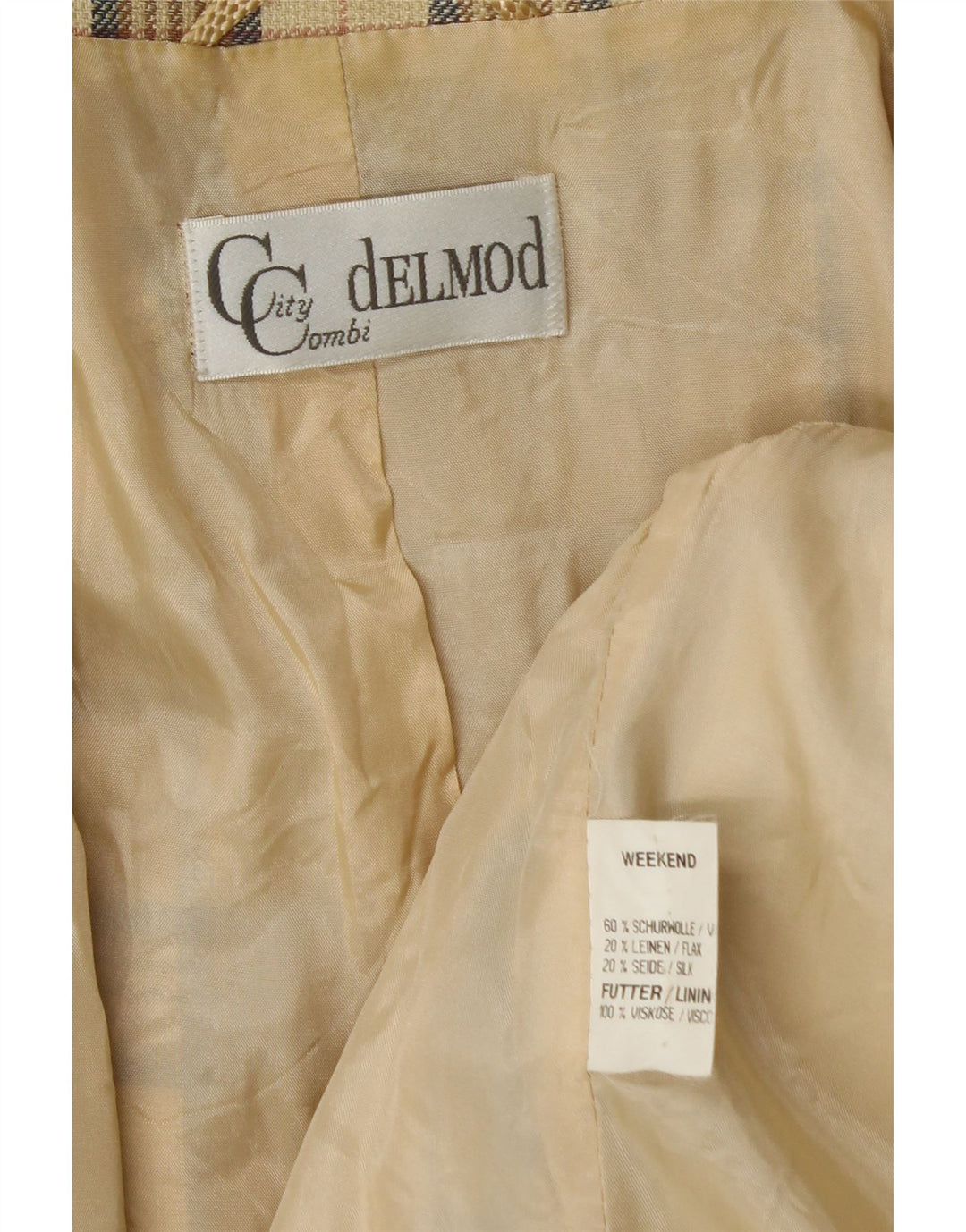 DELMOD Dame Dobbeltradet Blazer Jacket UK 14 Medium Beige Ternet uld