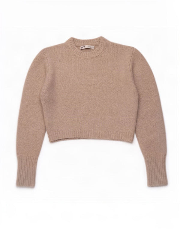 Zara Womens Crop Crew Neck Jumper Sweater UK 10 Small Grey Acryl