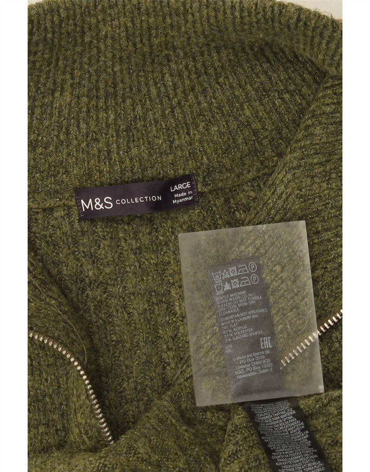 Marks & Spencer Herre Zip Neck Jumper Sweater Stor Grøn Akryl