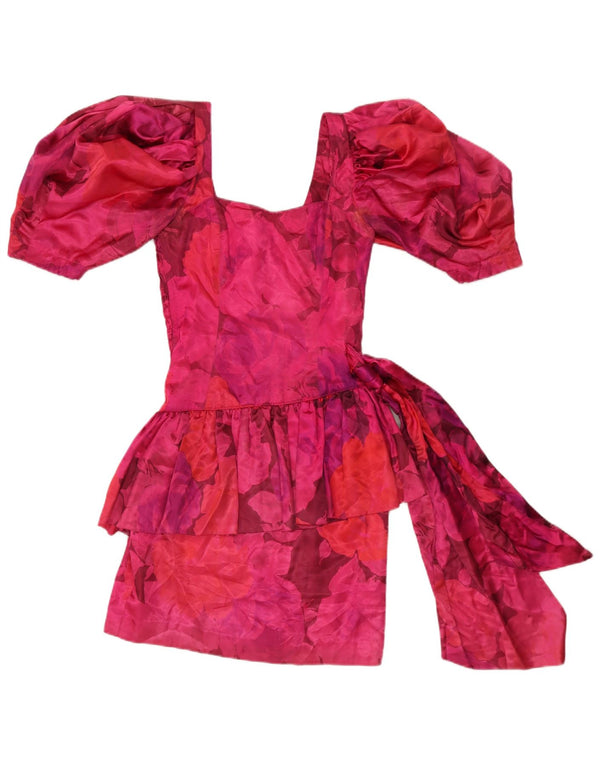 Vintage Dame Peplum Kjole UK 10 Small Pink Floral Acetate