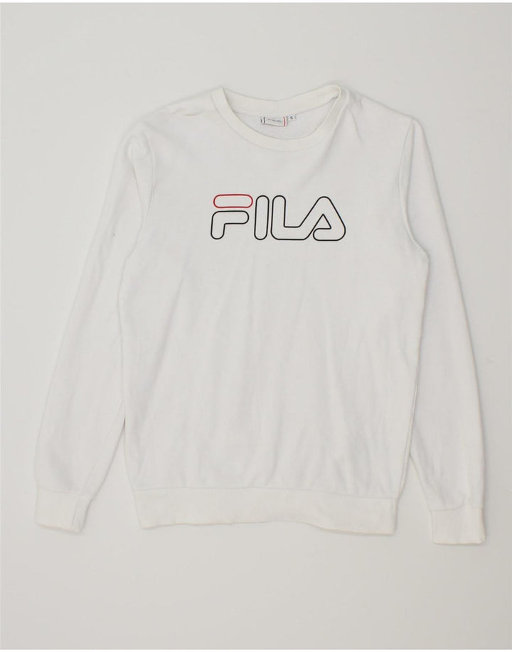 FILA Mens Graphic Sweatshirt Jumper Small White Cotton Vintage Fila and Second-Hand Fila from Messina Hembry 