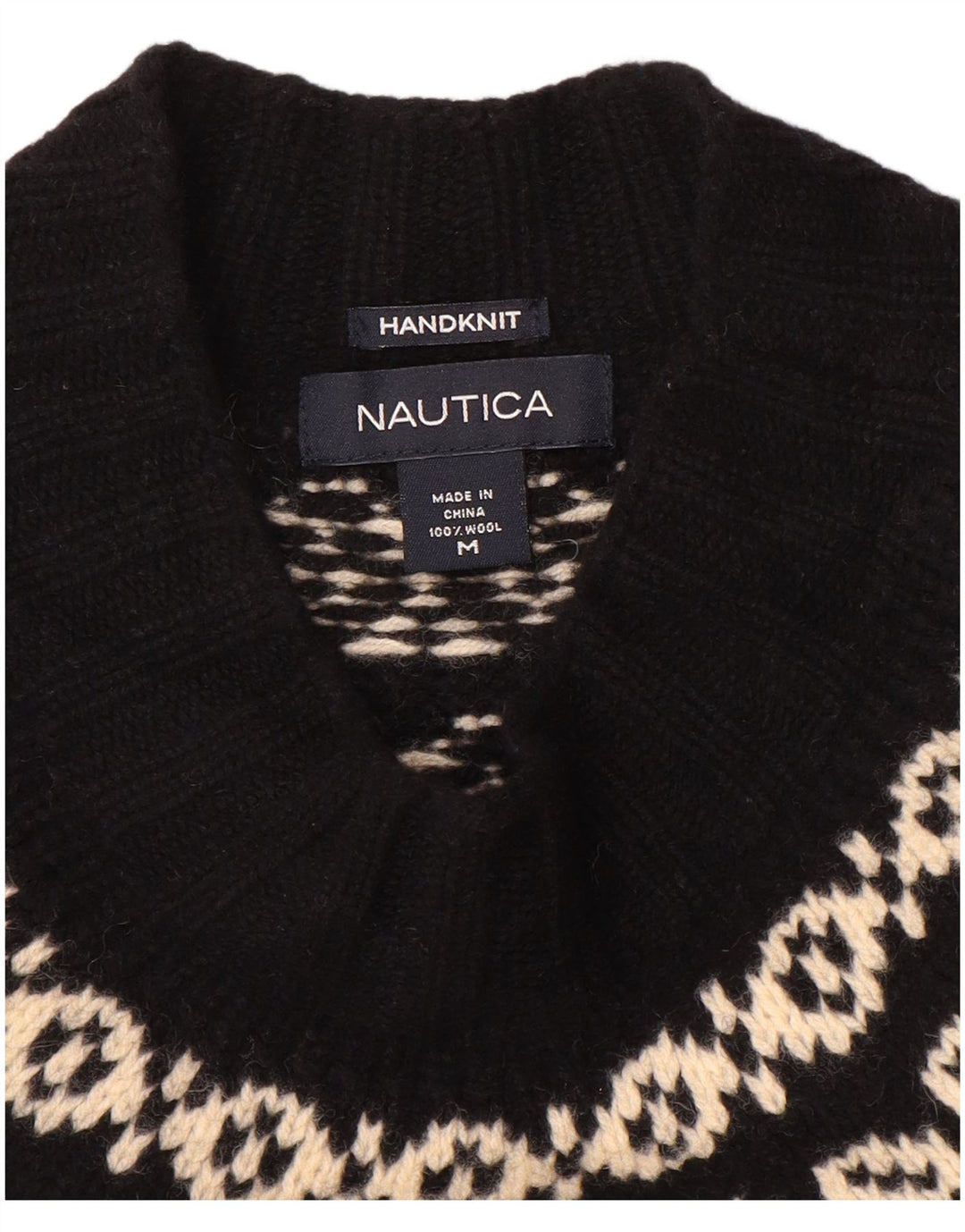 Nautica Herre Turtle Neck Jumper Sweater Medium Black Fair Isle Wool
