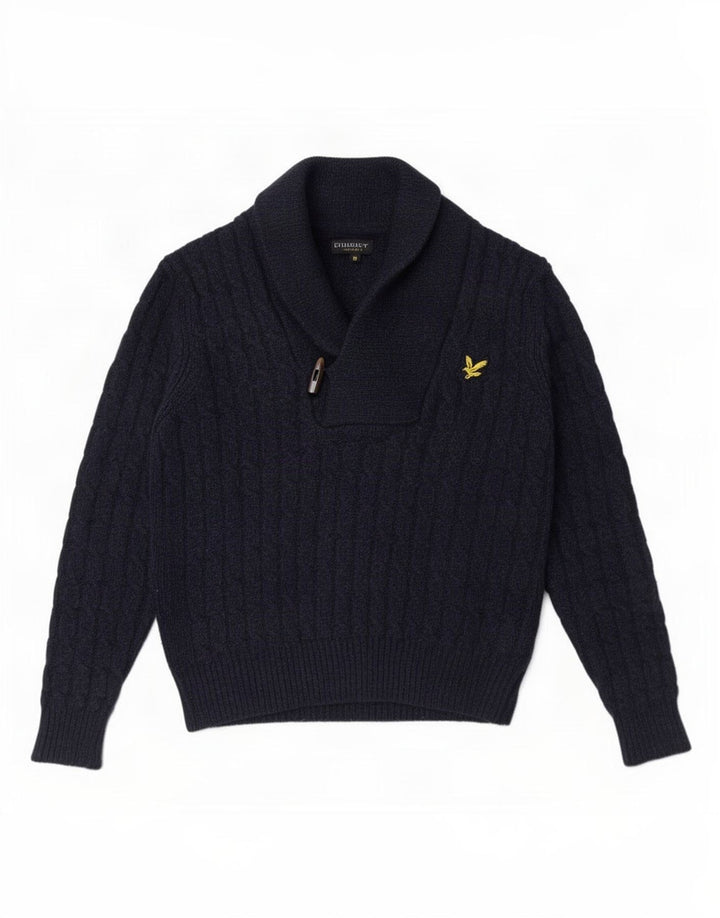 Lyle & Scott Herre Shawl Neck Jumper Sweater Medium Navy Blue Uld