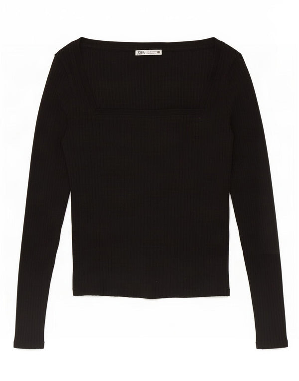 Zara Womens Crop Top Langærmet UK 14 Large Black
