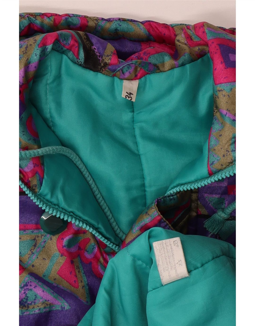 VINTAGE Piger Hættejakke frakke 15-16 år Flerfarvet Geometrisk