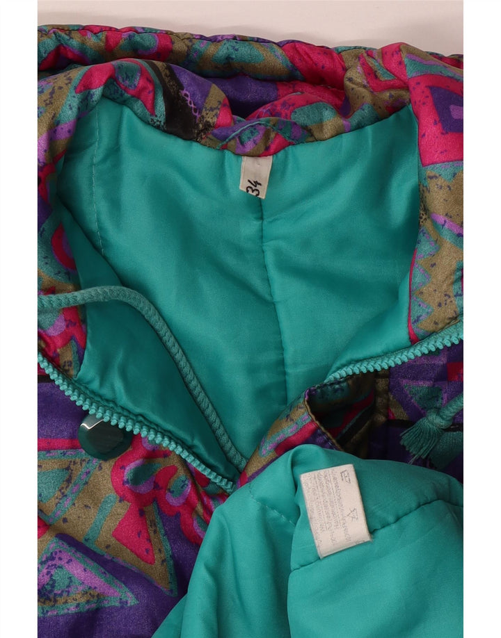 VINTAGE Piger Hættejakke frakke 15-16 år Flerfarvet Geometrisk