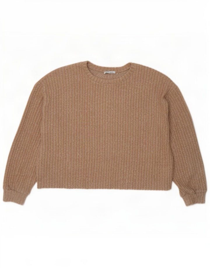 Zara Womens Crop Oversized Crew Neck Jumper Sweater UK 14 Medium Beige