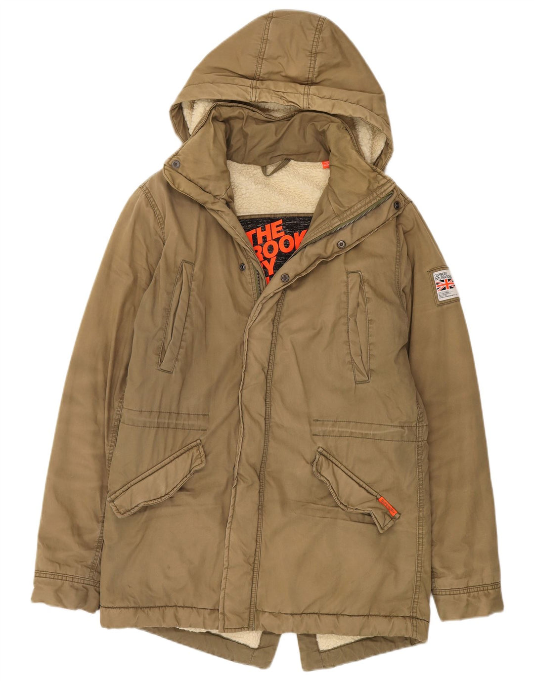 Superdry Parkajakke med hætte til kvinder UK 16 Stor Khaki Bomuld