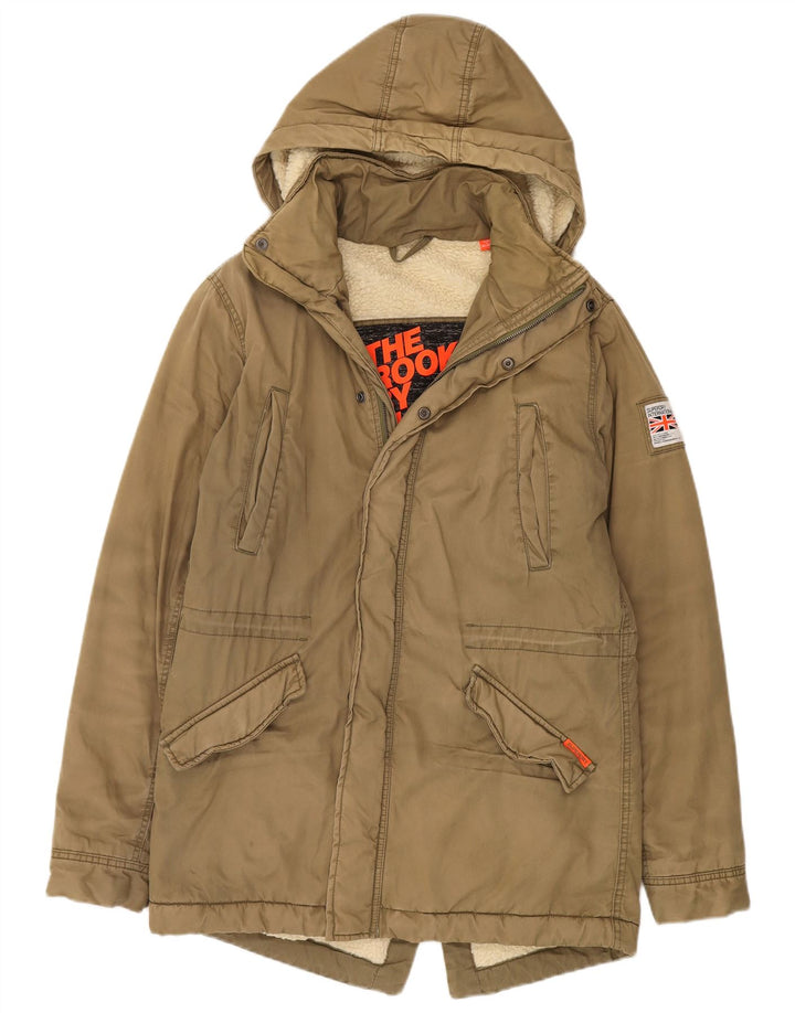 Superdry Parkajakke med hætte til kvinder UK 16 Stor Khaki Bomuld