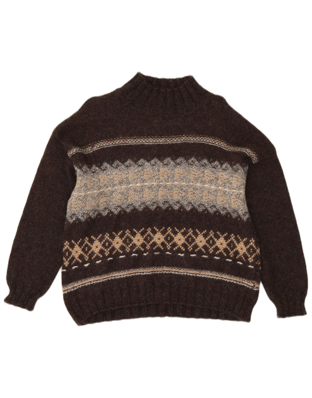 Sisley Dame Turtle Neck Jumper Sweater UK 14 Medium Brown Fair Isle