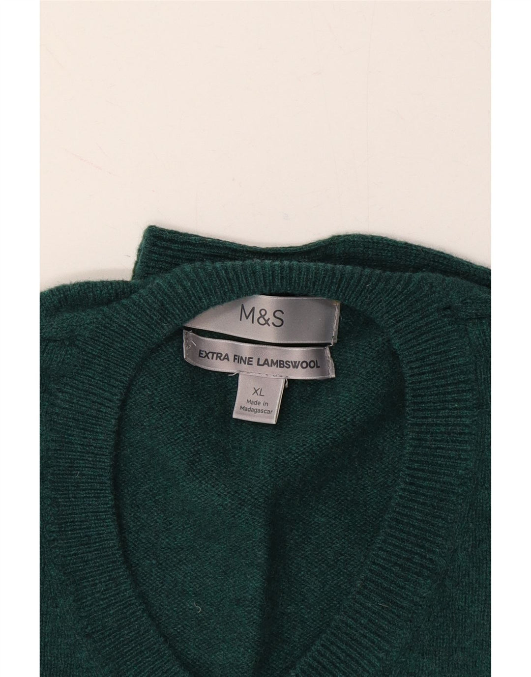 MARKS & SPENCER Mens V-Neck Jumper Sweater XL Green Lambswool Vintage Marks & Spencer and Second-Hand Marks & Spencer from Messina Hembry 