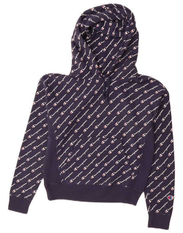 Champion Womens Reverse Weave Grafisk Hoodie Jumper UK 10 Small Navy Blue