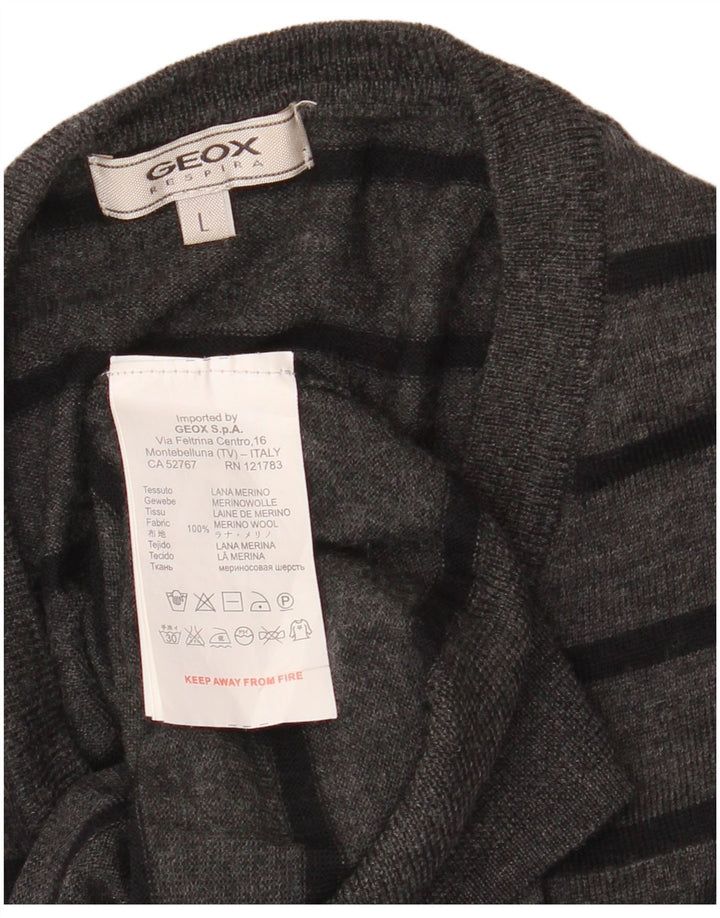 GEOX Dame V-hals sweater UK 16 Stor grå stribet merinould