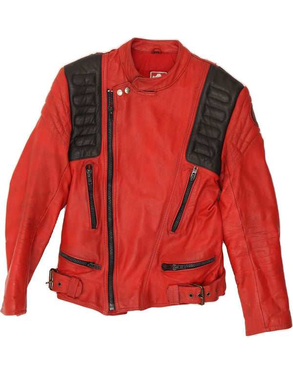 VINTAGE Mens Leather Biker Jacket IT 48 Medium Red Colourblock Leather