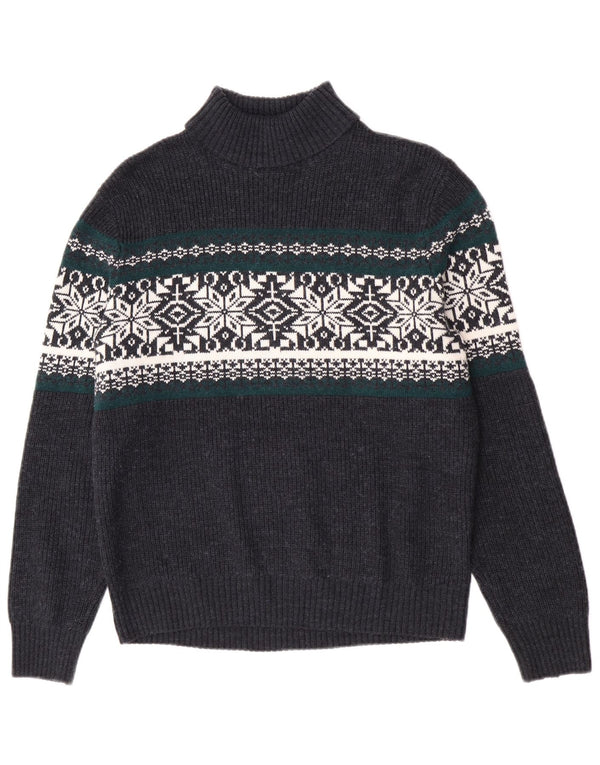 Canda Mens Roll Neck Jumper Sweater Medium Navy Blue Fair Isle Acrylic