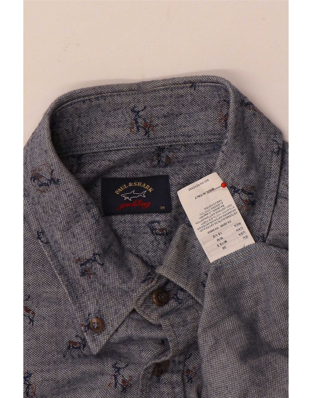 Paul & Shark Herre abstrakt mønster skjorte størrelse 39 Medium Blue Cotton