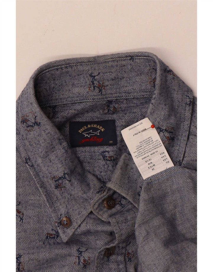 Paul & Shark Herre abstrakt mønster skjorte størrelse 39 Medium Blue Cotton