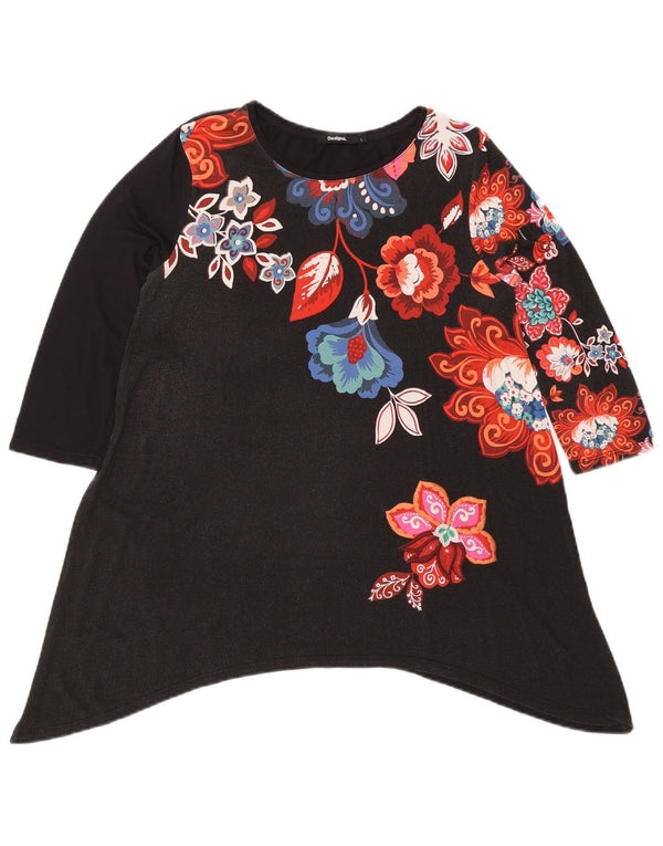 Desigual Dame Grafisk 3/4-ærmet Tunika Top UK 14 Stor Sort Blomster