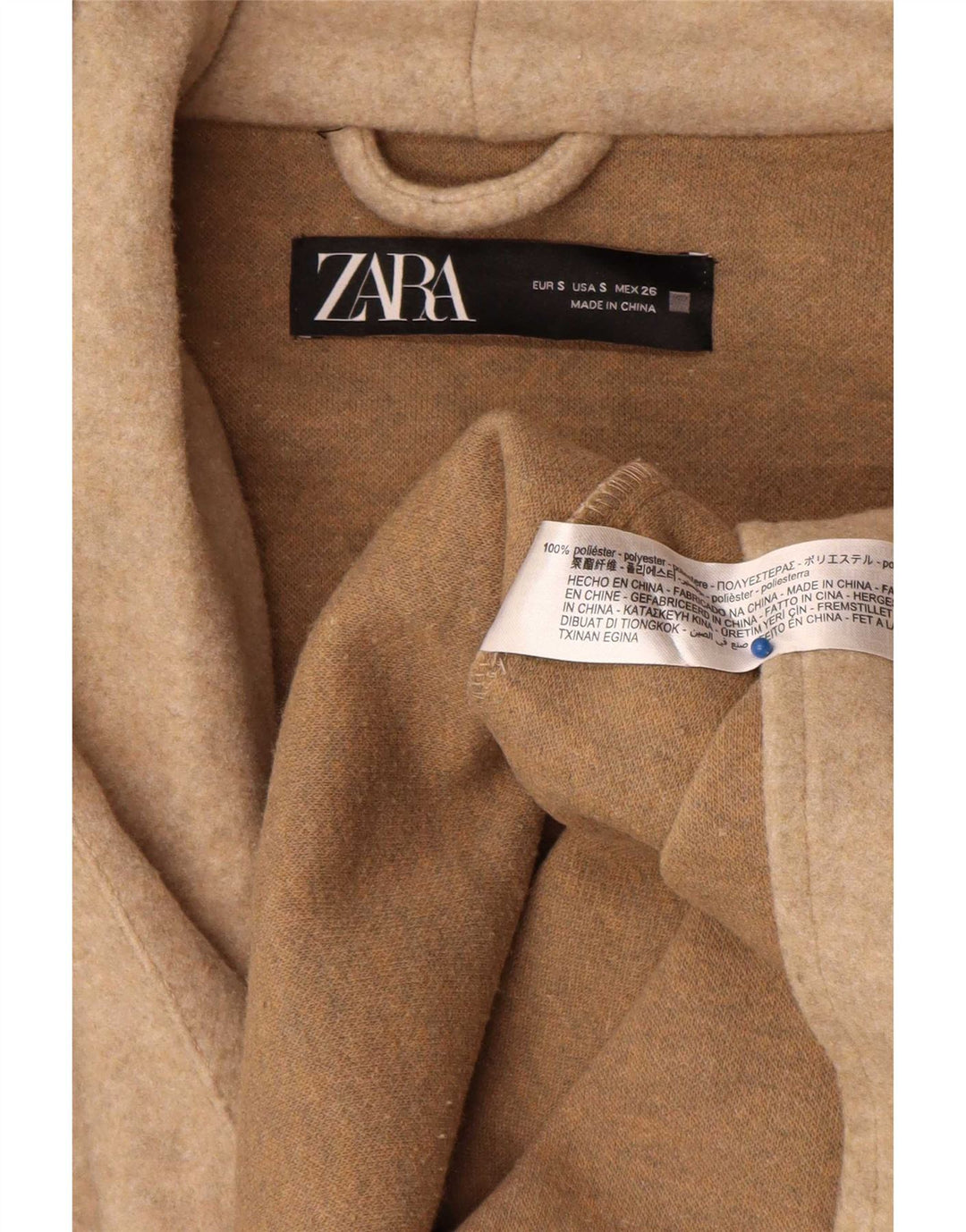Zara Dame Hætte Oversized Overfrakke UK 10 Small Beige Polyester