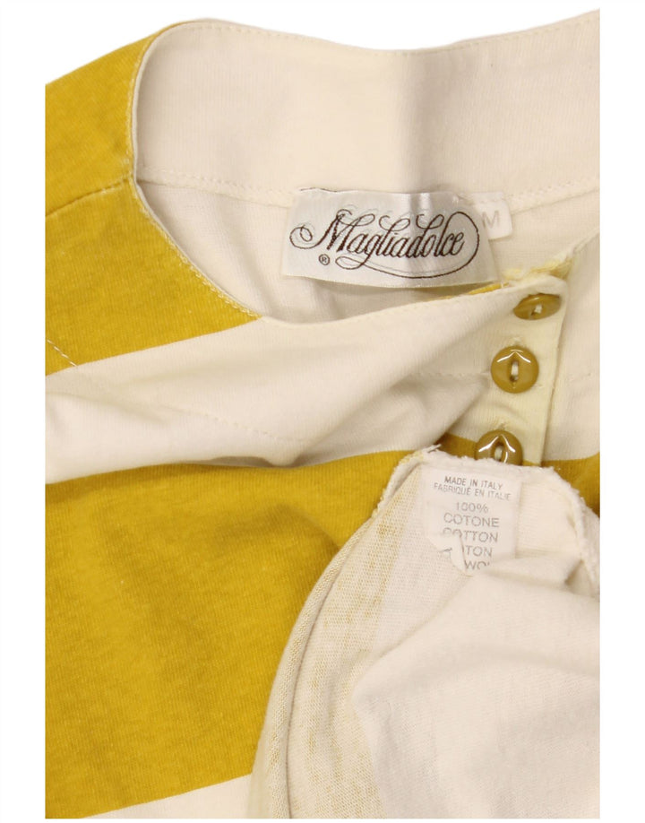 VINTAGE grafisk top til kvinder, langærmet UK 14 Medium gul stribet bomuld