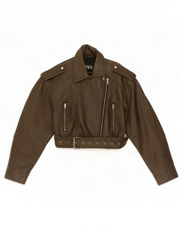 Zara Womens Crop Biker-jakke i imiteret læder UK 10 Small Khaki Polyethylene