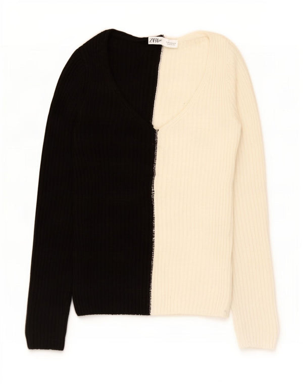 Zara Womens V-Neck Jumper Sweater UK 12 Medium Black Colourblock Acrylic